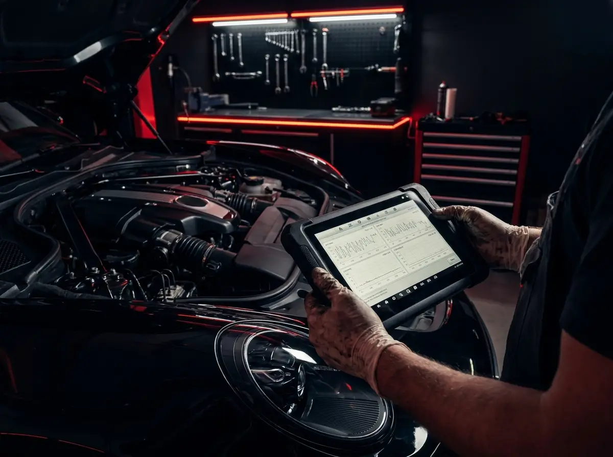 Technician carrying out vehicle computer diagnostics